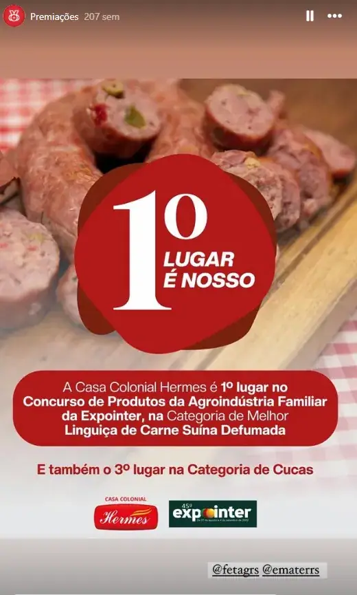 Peça de divulgação do primeiro lugar em Melhor Linguiça de Carne Suína Defumada no Concurso de Produtos da Agroindústria Familiar da Expointer