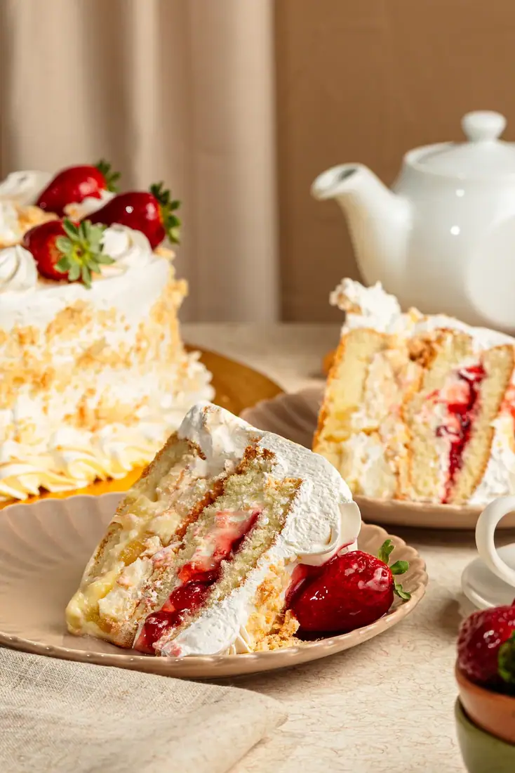 Fatia de torta servida no prato com xícara ao lado